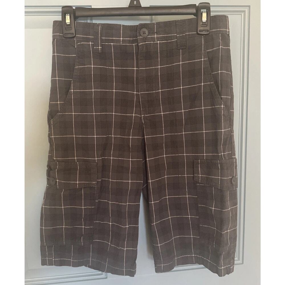Boys Plaid Bermuda Shorts Gray Cargo Cream Black Adjustable Waist Preppy Size 16